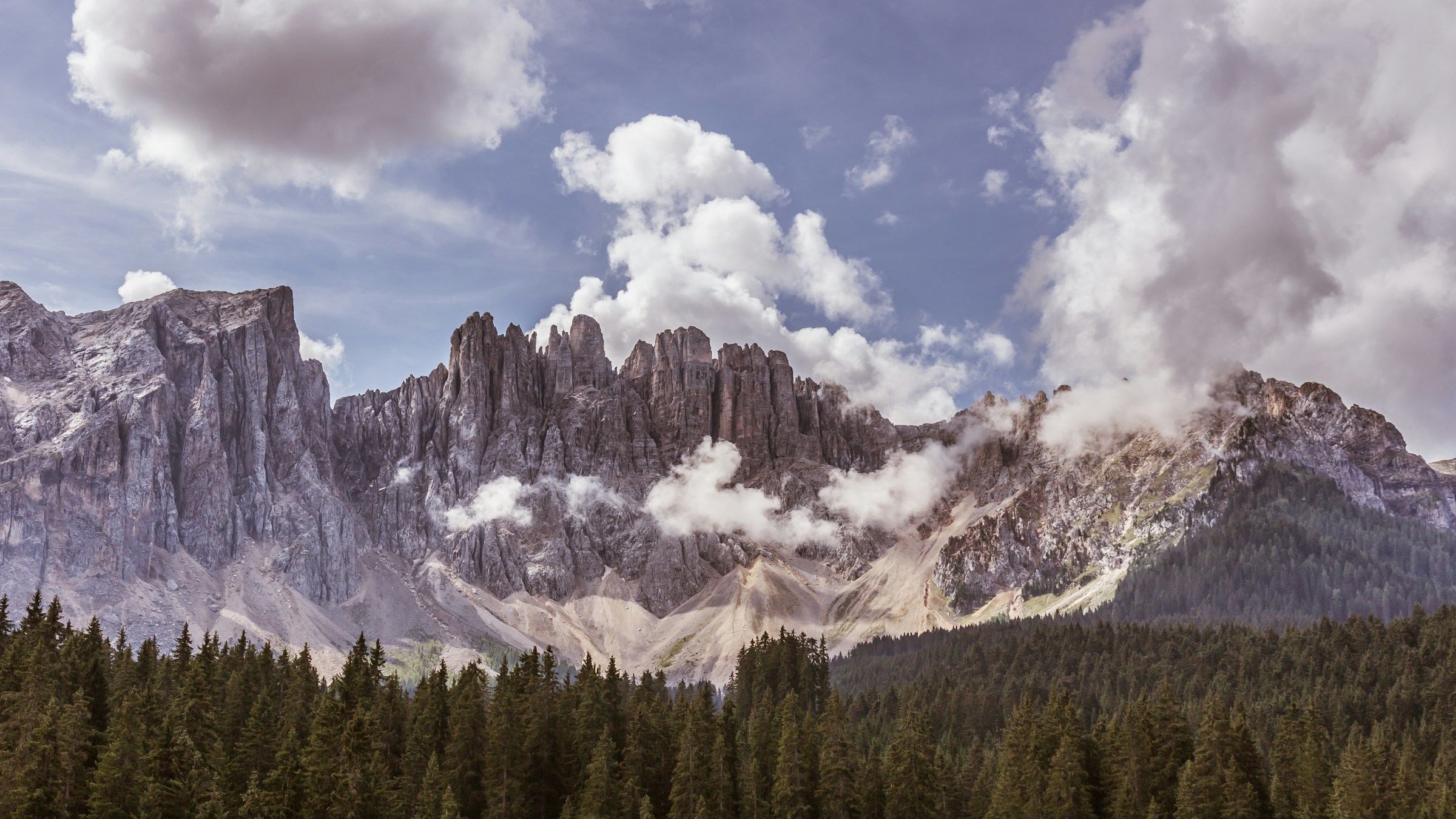 Alpine forest beneath mountain peaks